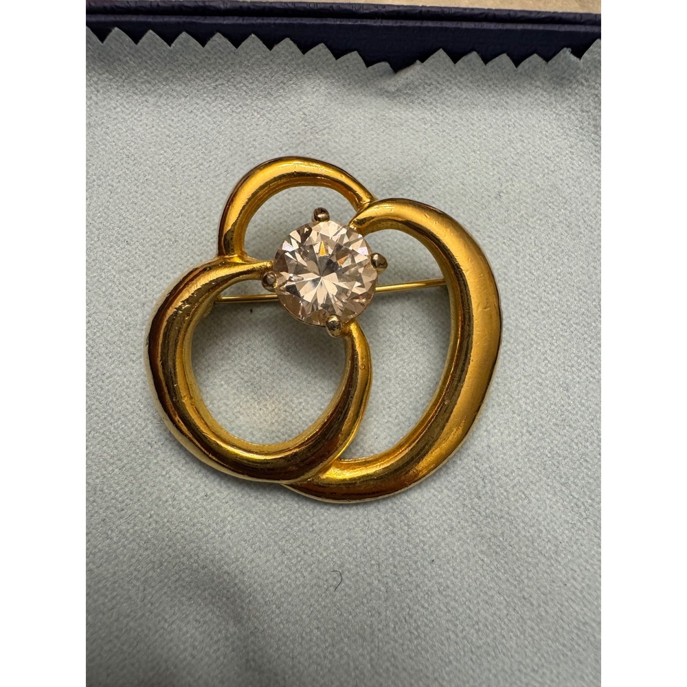 Vintage Gold Tone Interlocking Circle Brooch Pin Clear Crystal Center Round Cut